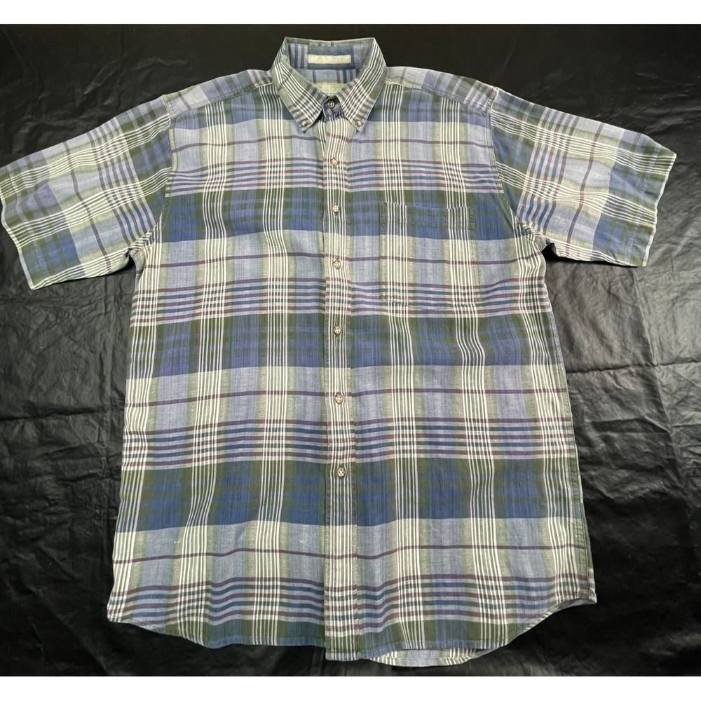 VTG American Terrain Mens L Shirt Purple Green Plaid Button Down  Short Sleeve‎